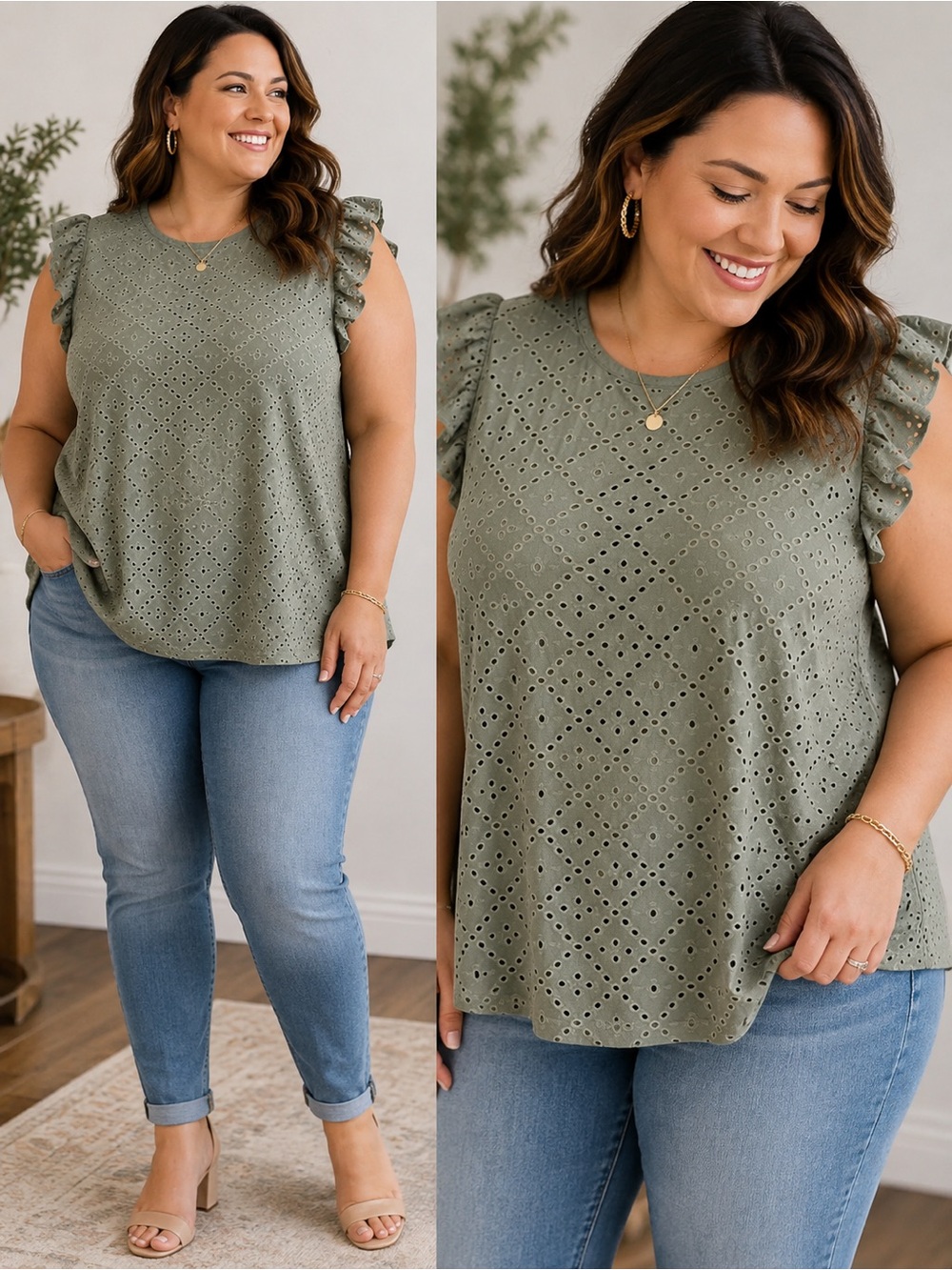 Vero Moda Sage Green Eyelet Puff Sleeve Tee